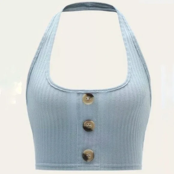 Shein Baby Blue Ribbed 3 Button Halter Top - Picture 5 of 6